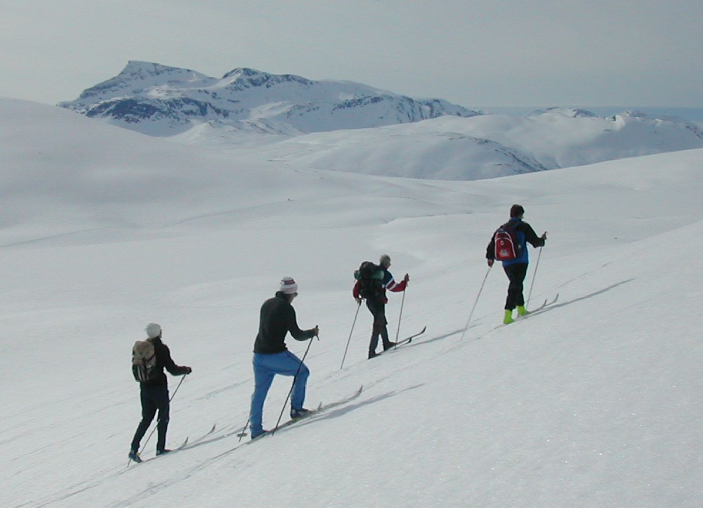 Fire skiløpere i åpent snødekt fjellandskap.