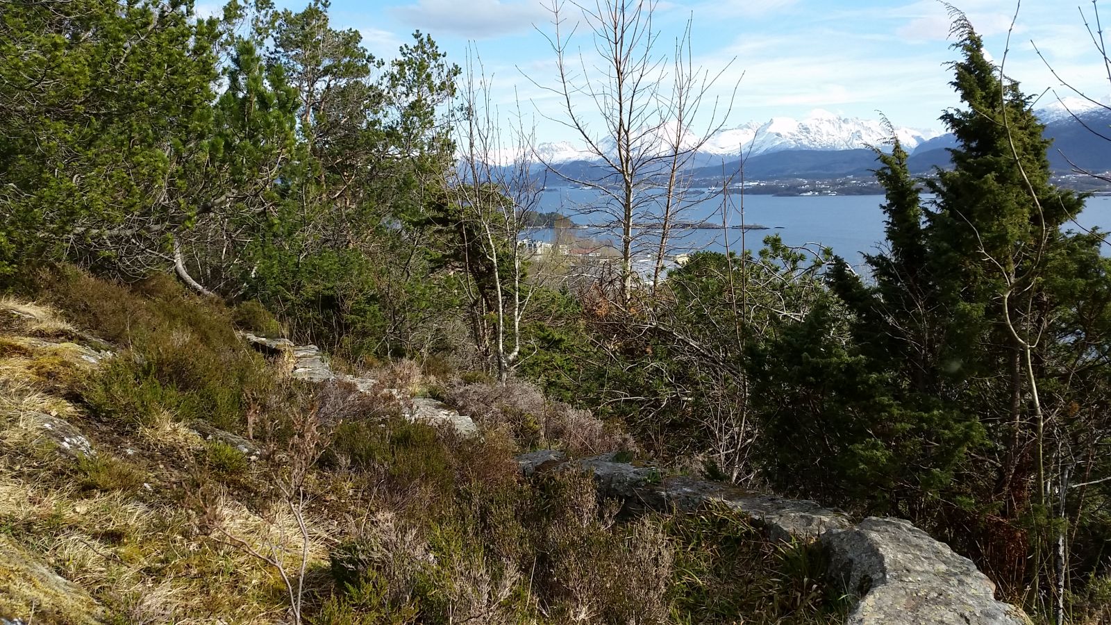 Bilde av en steingard som går nedom stien. En del av det gamle ledningsnettet for vann i Ålesund.