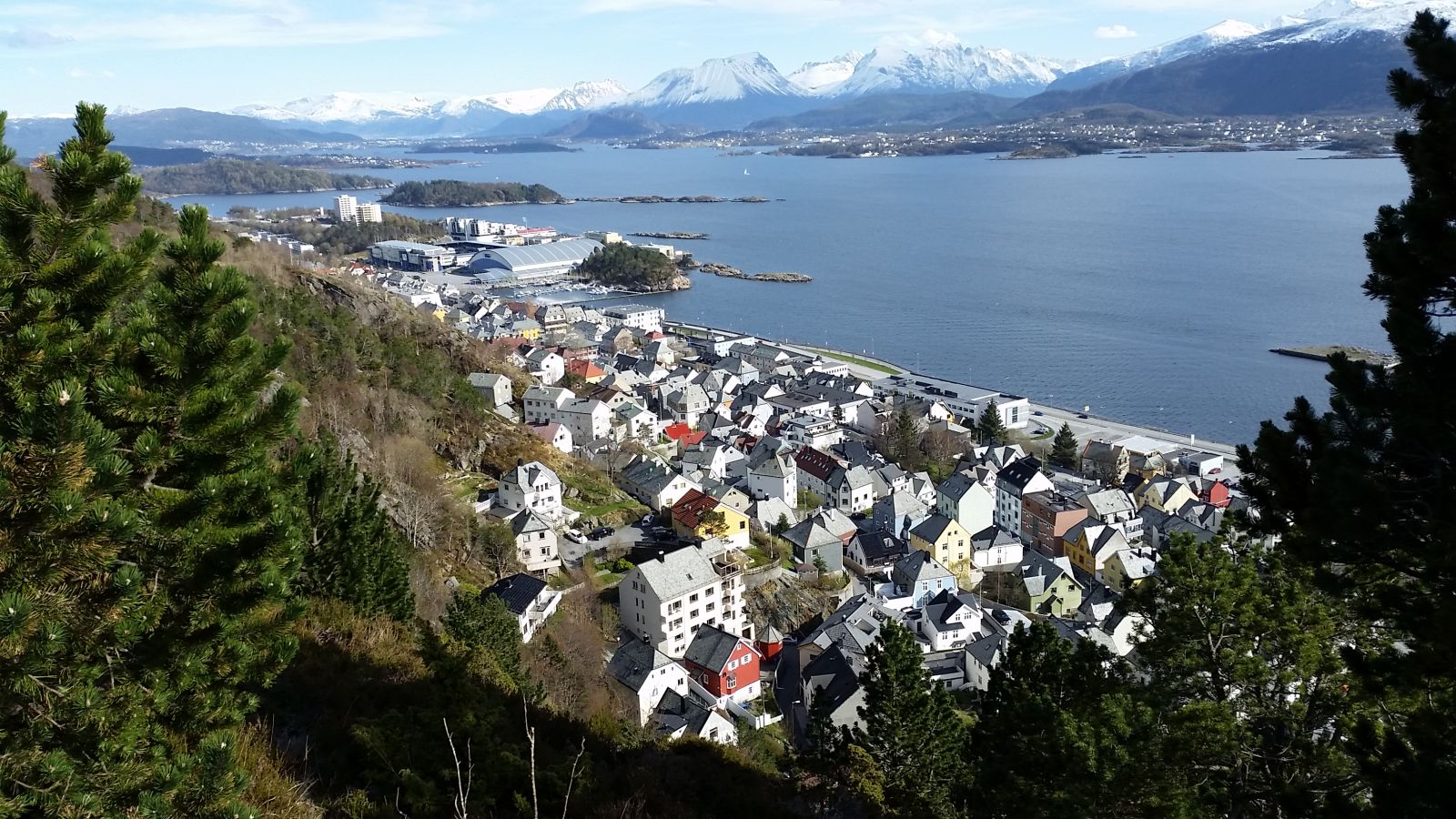 Utsikt sørover mot Borgundfjorden, Color Line stadion og Sula på avstand.